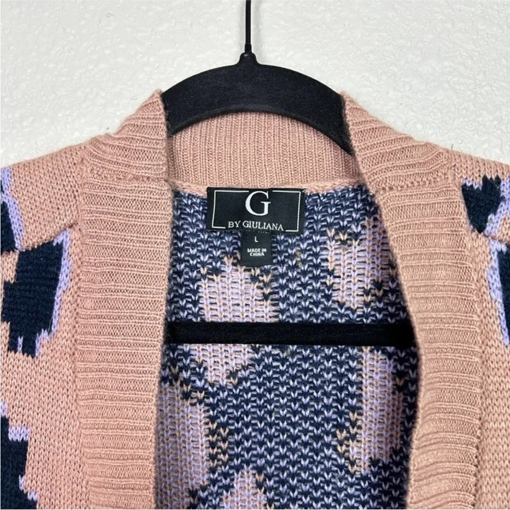 G by Giuliana Duster Cardigan Leopard Print Brown Black Knit Sweater Lilac Large
